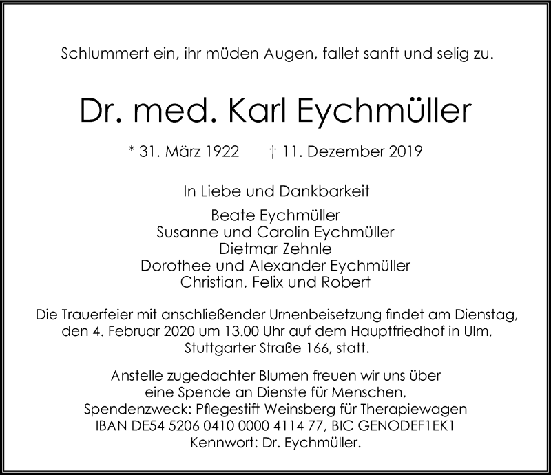  Traueranzeige für Karl Eychmüller vom 18.01.2020 aus 