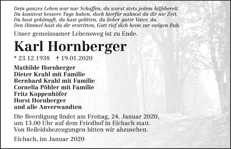  Traueranzeige für Karl Hornberger vom 21.01.2020 aus 