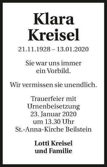 Traueranzeige von Klara Kreisel 
