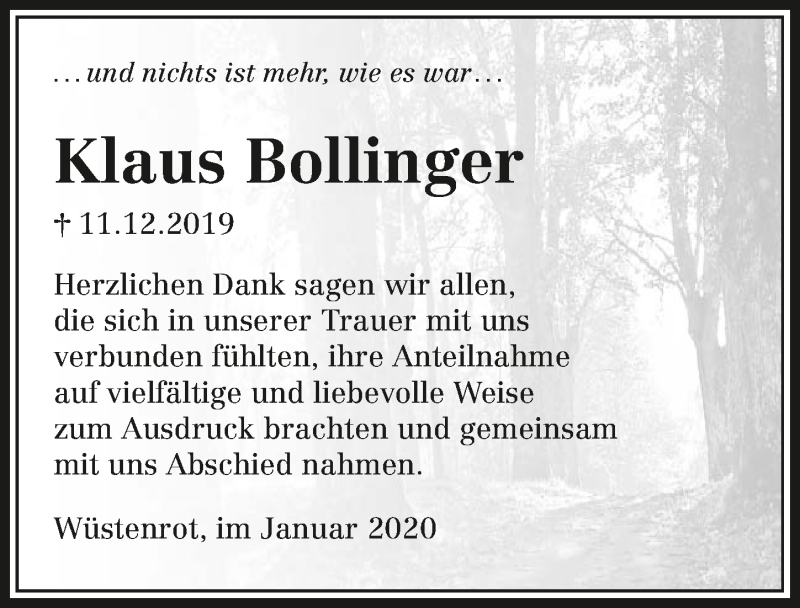  Traueranzeige für Klaus Bollinger vom 11.01.2020 aus 