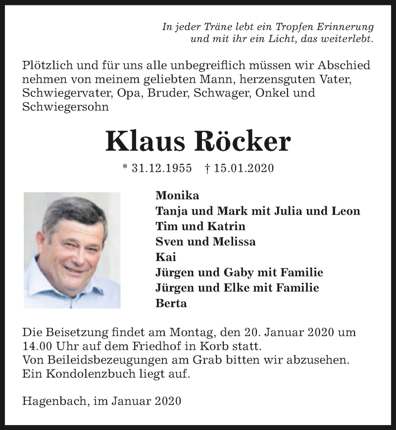  Traueranzeige für Klaus Röcker vom 18.01.2020 aus 