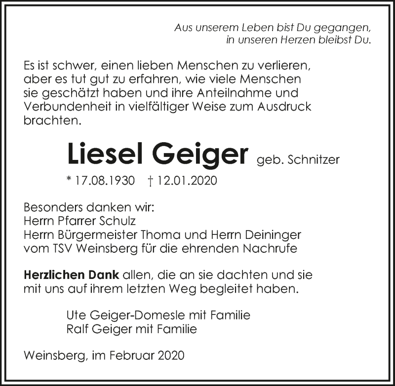  Traueranzeige für Liesl Geiger vom 01.02.2020 aus 