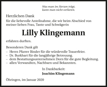 Traueranzeige von Lilly Klingemann 
