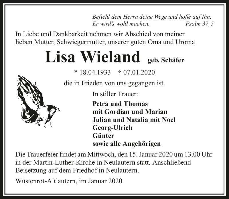  Traueranzeige für Lisa Wieland vom 11.01.2020 aus 