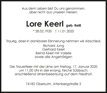 Traueranzeige von Lore Keerl 