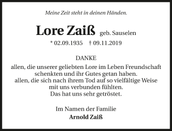 Traueranzeige von Lore Zaiß 