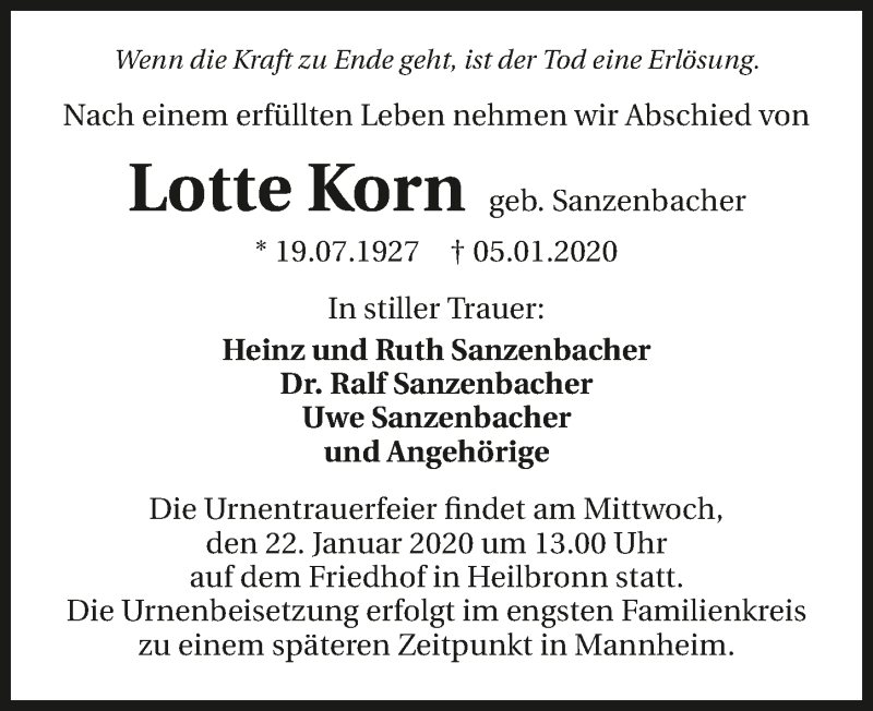  Traueranzeige für Lotte Korn vom 18.01.2020 aus 
