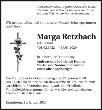 Traueranzeige von Marga Retzbach 