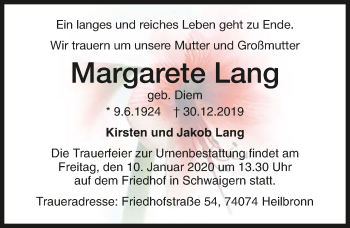 Traueranzeige von Margarete Lang 