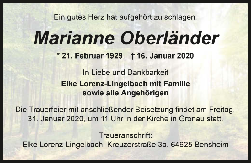  Traueranzeige für Marianne Oberländer vom 25.01.2020 aus 