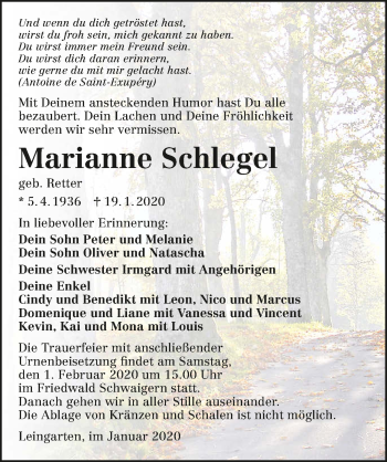 Traueranzeige von Marianne Schlegel 