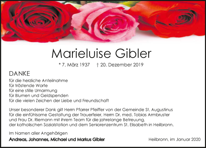  Traueranzeige für Marieluise Gibler vom 25.01.2020 aus 
