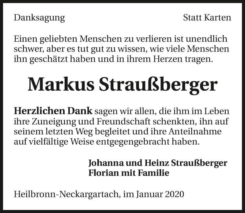  Traueranzeige für Markus Straußberger vom 18.01.2020 aus 