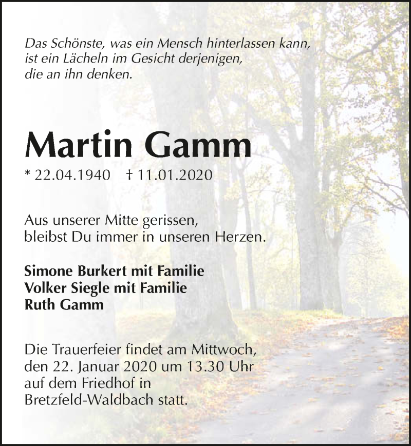  Traueranzeige für Martin Gamm vom 18.01.2020 aus 