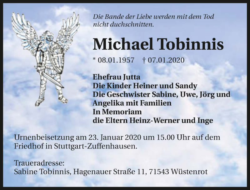  Traueranzeige für Michael Tobinnis vom 18.01.2020 aus 