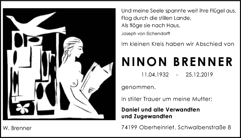  Traueranzeige für Ninon Brenner vom 11.01.2020 aus 