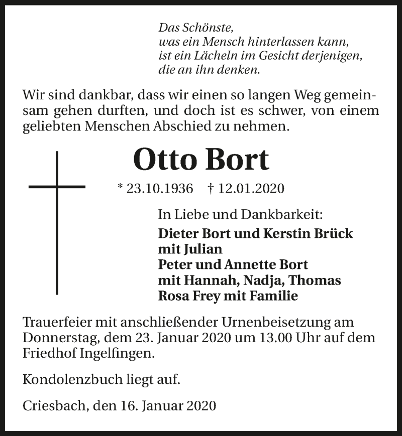  Traueranzeige für Otto Bort vom 21.01.2020 aus 