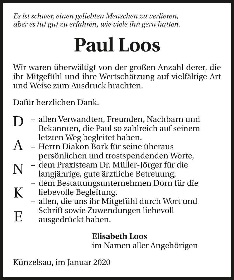  Traueranzeige für Paul Loos vom 16.01.2020 aus 