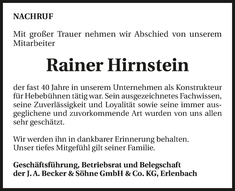 Traueranzeige für Rainer Hirnstein vom 16.01.2020 aus 
