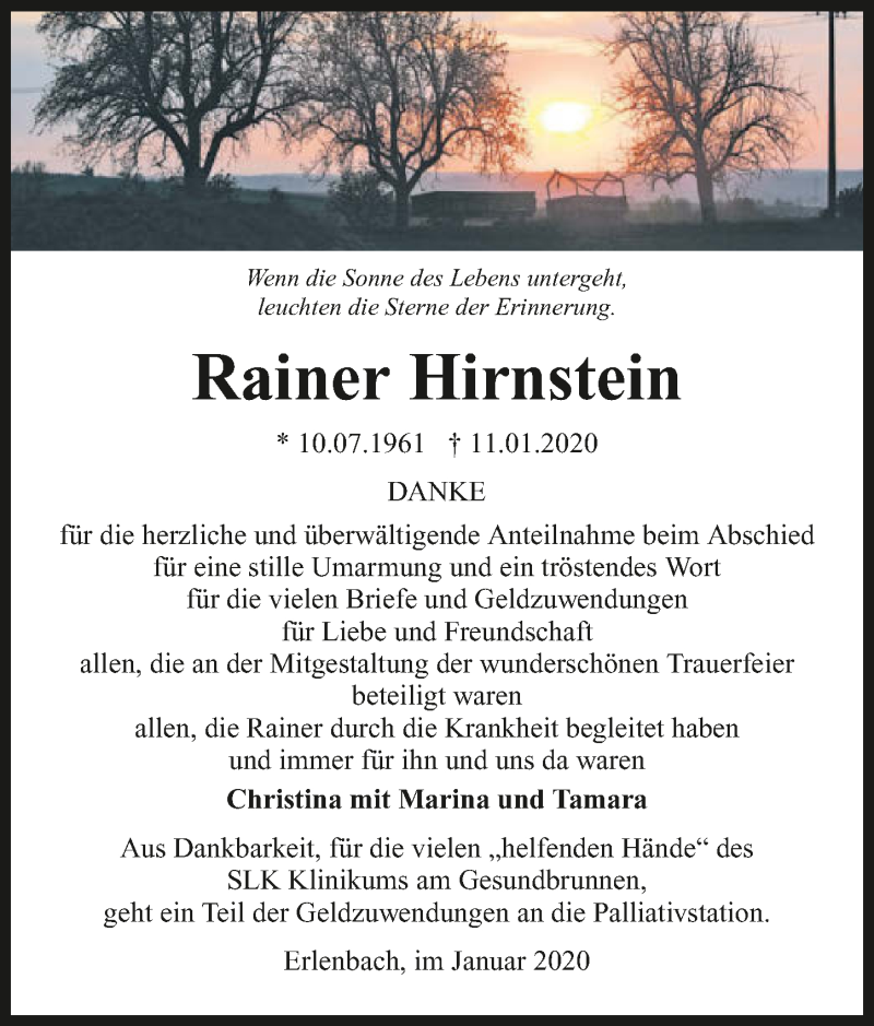  Traueranzeige für Rainer Hirnstein vom 01.02.2020 aus 