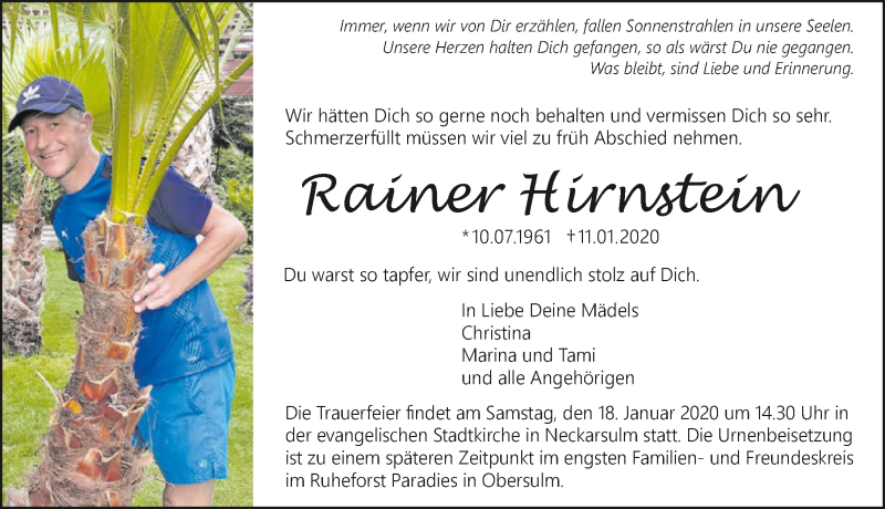  Traueranzeige für Rainer Hirnstein vom 15.01.2020 aus 