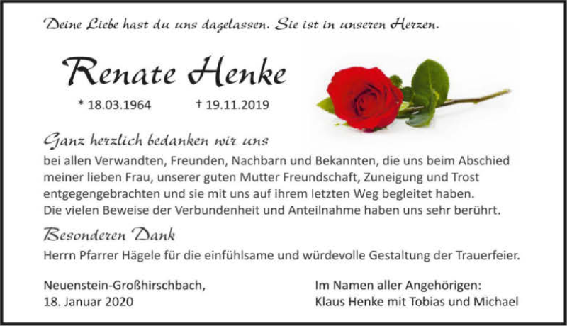  Traueranzeige für Renate Henke vom 18.01.2020 aus 