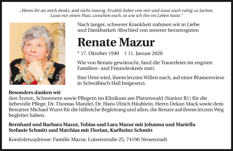 Traueranzeige für Renate Mazur vom 25.01.2020 aus 