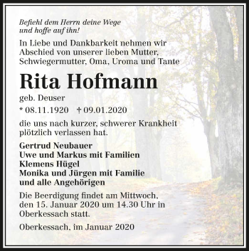 Traueranzeige von Rita Hofmann 