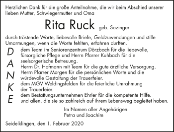Traueranzeige von Rita Ruck 