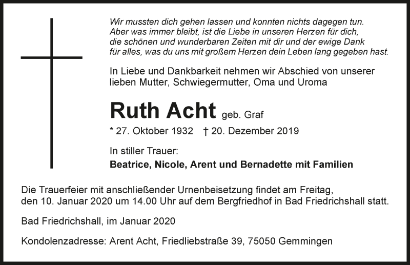  Traueranzeige für Ruth Acht vom 04.01.2020 aus 