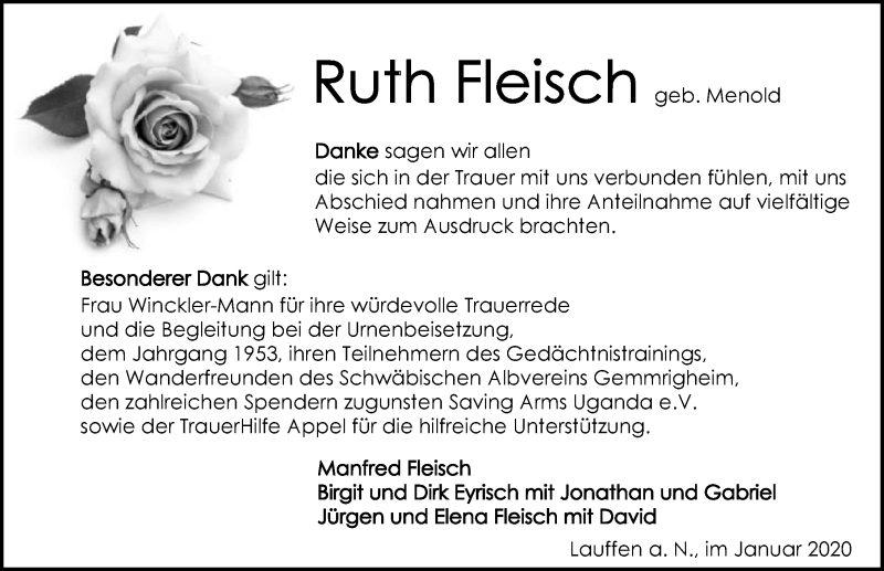  Traueranzeige für Ruth Fleisch vom 25.01.2020 aus 