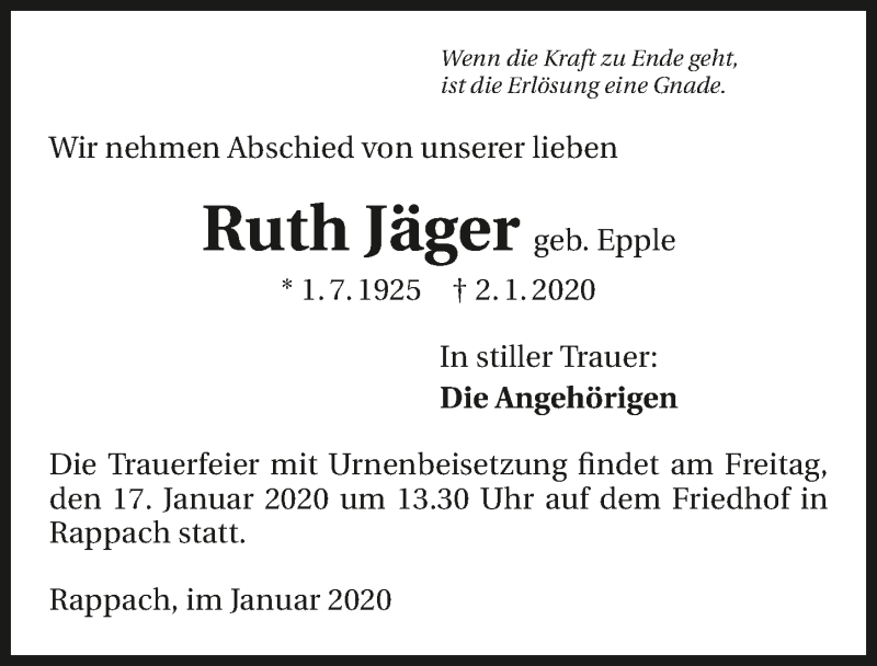  Traueranzeige für Ruth Jäger vom 15.01.2020 aus 