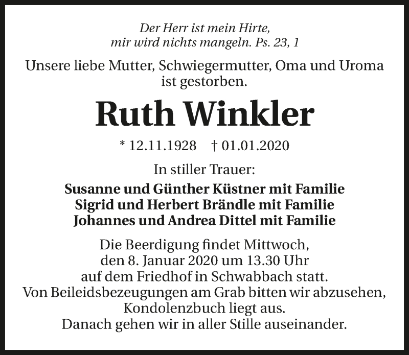  Traueranzeige für Ruth Winkler vom 04.01.2020 aus 