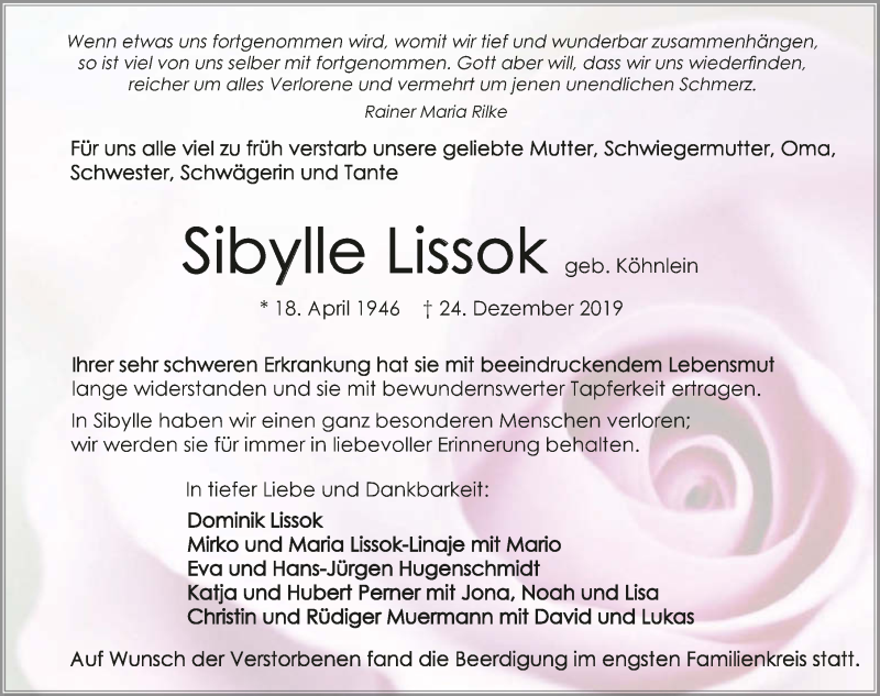  Traueranzeige für Sibylle Lissok vom 04.01.2020 aus 