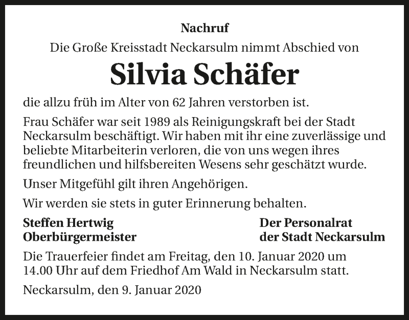  Traueranzeige für Silvia Schäfer vom 09.01.2020 aus 