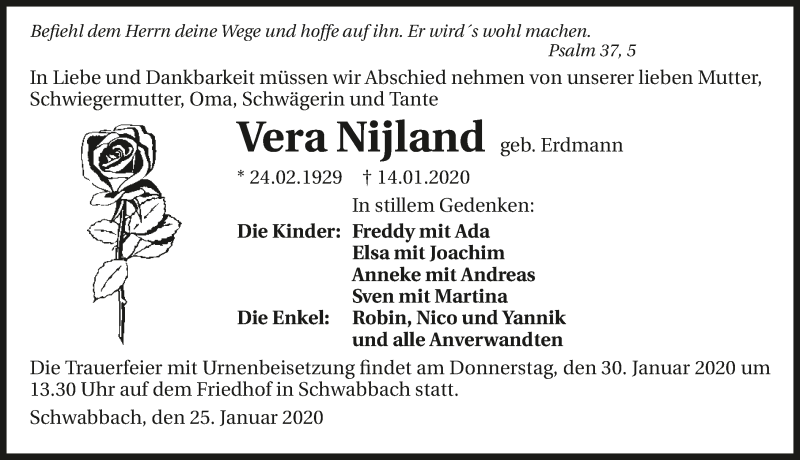  Traueranzeige für Vera Nijland vom 25.01.2020 aus 