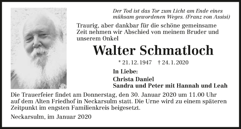  Traueranzeige für Walter Schmatloch vom 25.01.2020 aus 