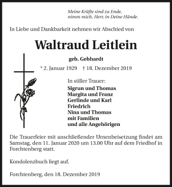 Traueranzeige von Waltraud Leitlein 