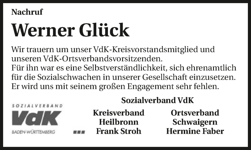  Traueranzeige für Werner Glück vom 18.01.2020 aus 