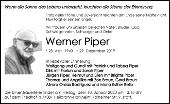 Traueranzeige von Werner Piper 