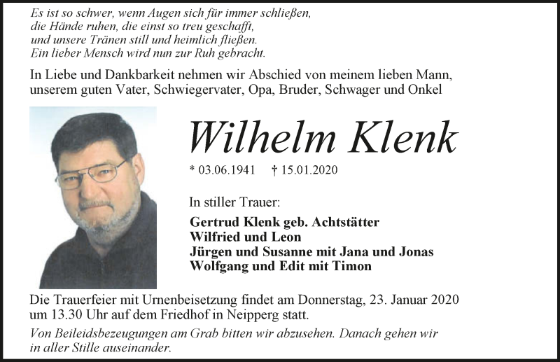  Traueranzeige für Wilhelm Klenk vom 18.01.2020 aus 