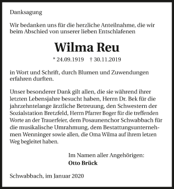 Traueranzeige von Wilma Reu 