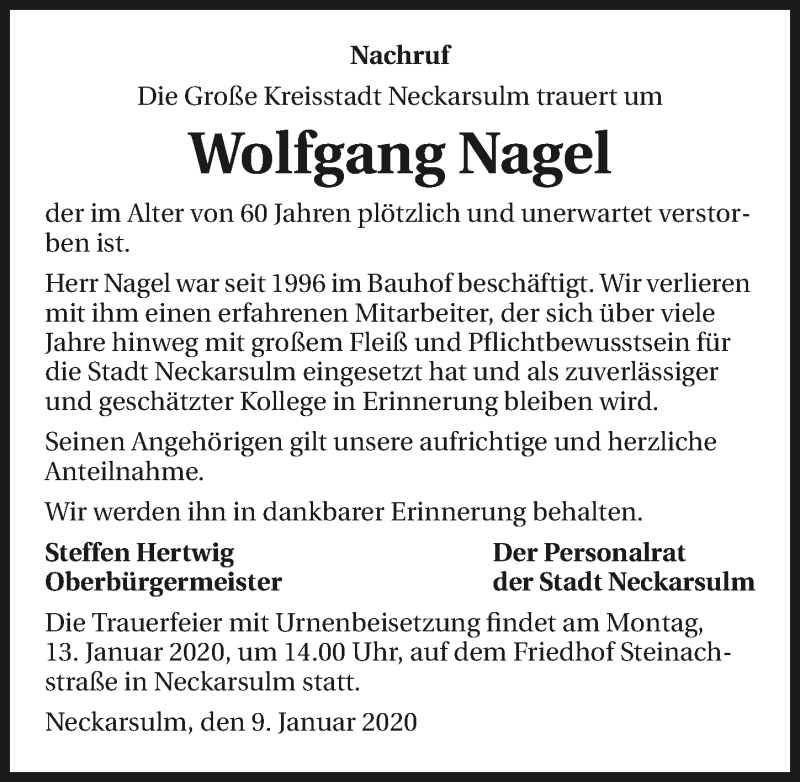  Traueranzeige für Wolfgang Nagel vom 09.01.2020 aus 