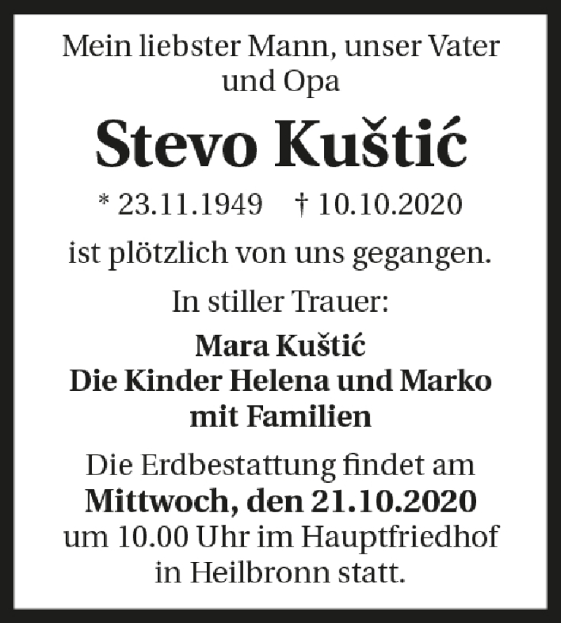  Traueranzeige für Stevo Kustic vom 15.10.2020 aus GESAMT
