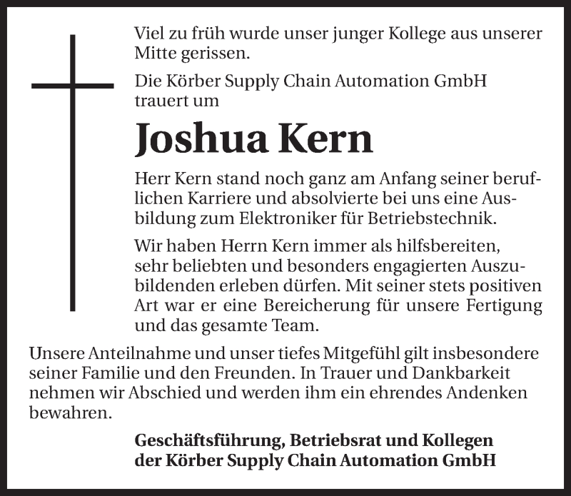  Traueranzeige für Joshua Stefan Kern vom 17.10.2020 aus GESAMT