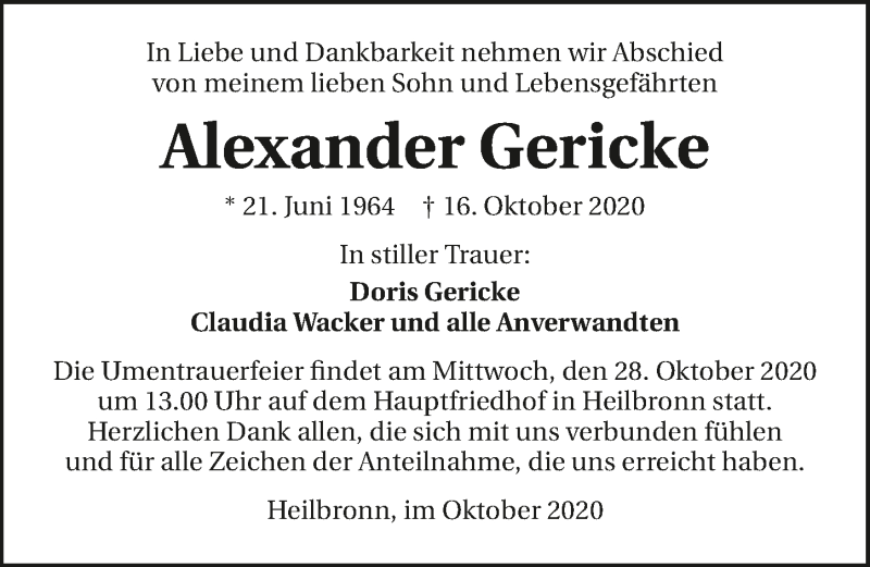  Traueranzeige für Alexander Gericke vom 21.10.2020 aus GESAMT