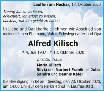 Traueranzeige von Alfred Kilisch von GESAMT