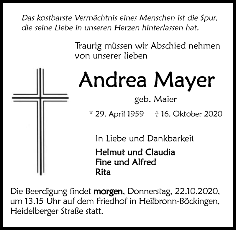  Traueranzeige für Andrea Mayer vom 21.10.2020 aus GESAMT