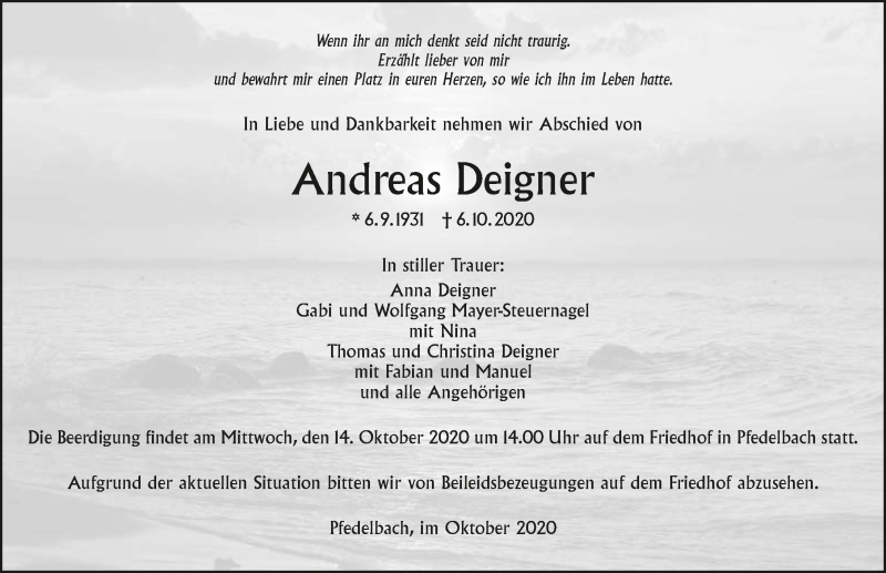  Traueranzeige für Andreas Deigner vom 10.10.2020 aus GESAMT