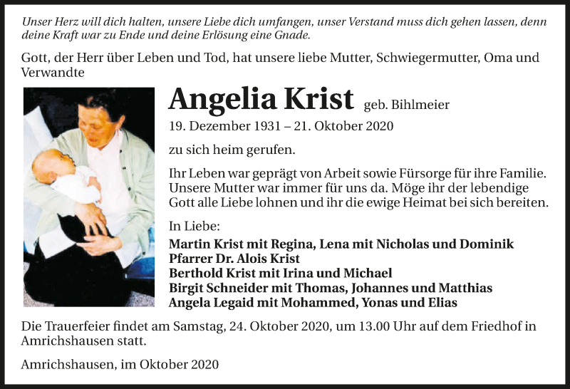  Traueranzeige für Angelia Krist vom 23.10.2020 aus GESAMT